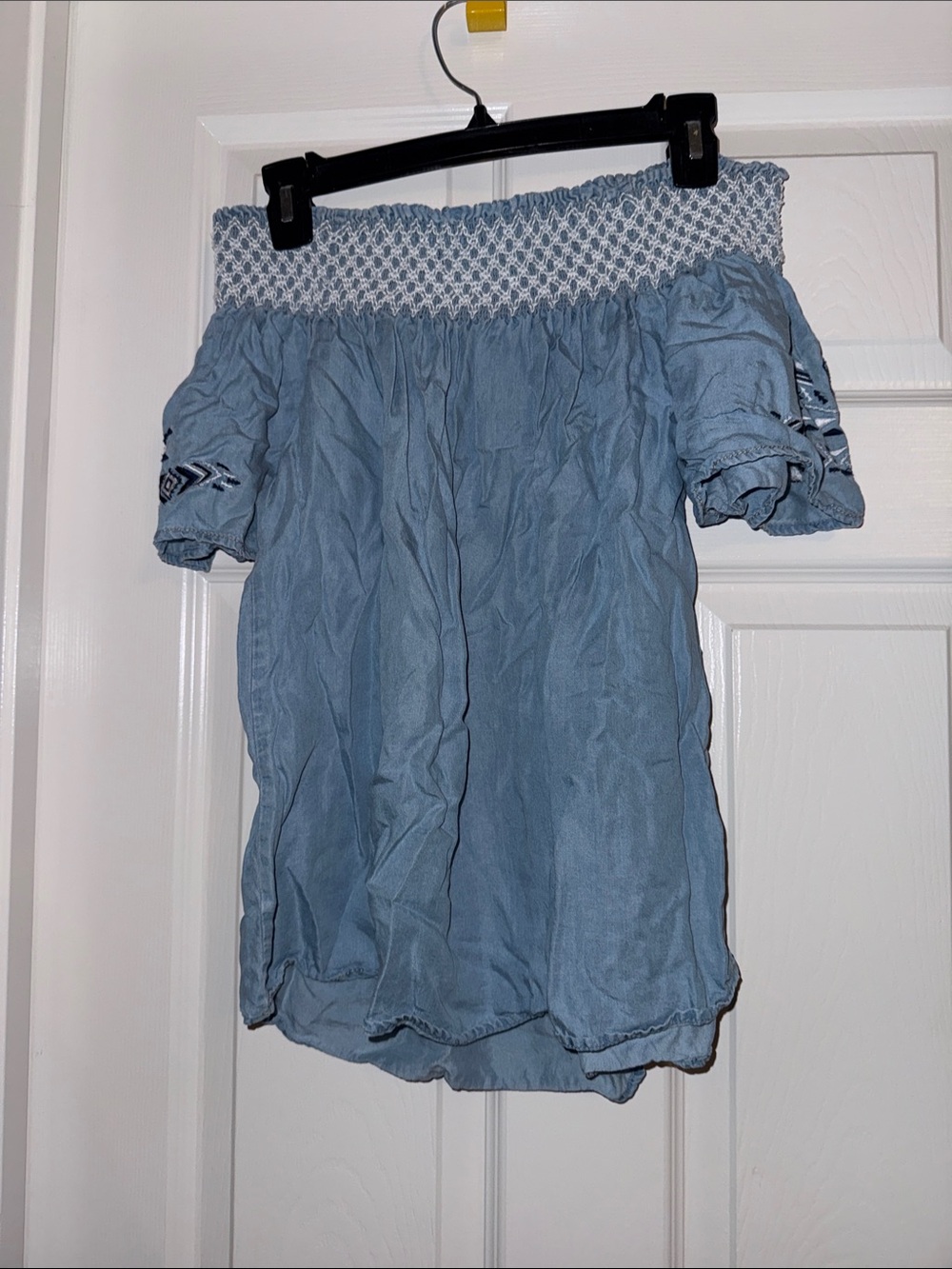 Light Blue Off-Shoulder Smocked Neckline Top